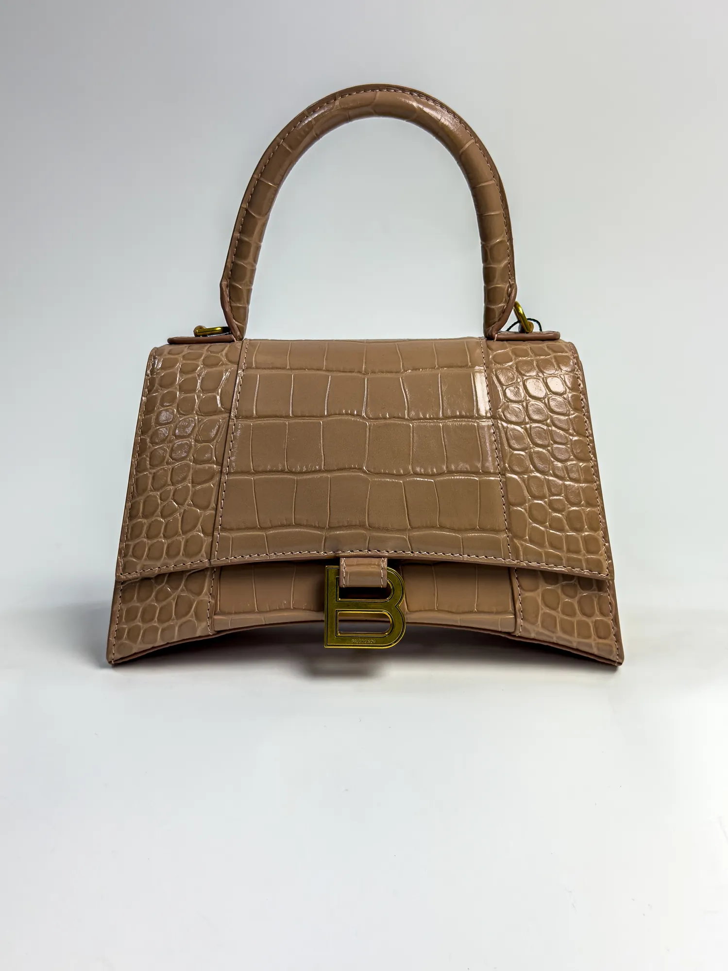 발렌시아가 아워글래스 스몰 크로커다일 엠보싱 핸드백 누드 베이지