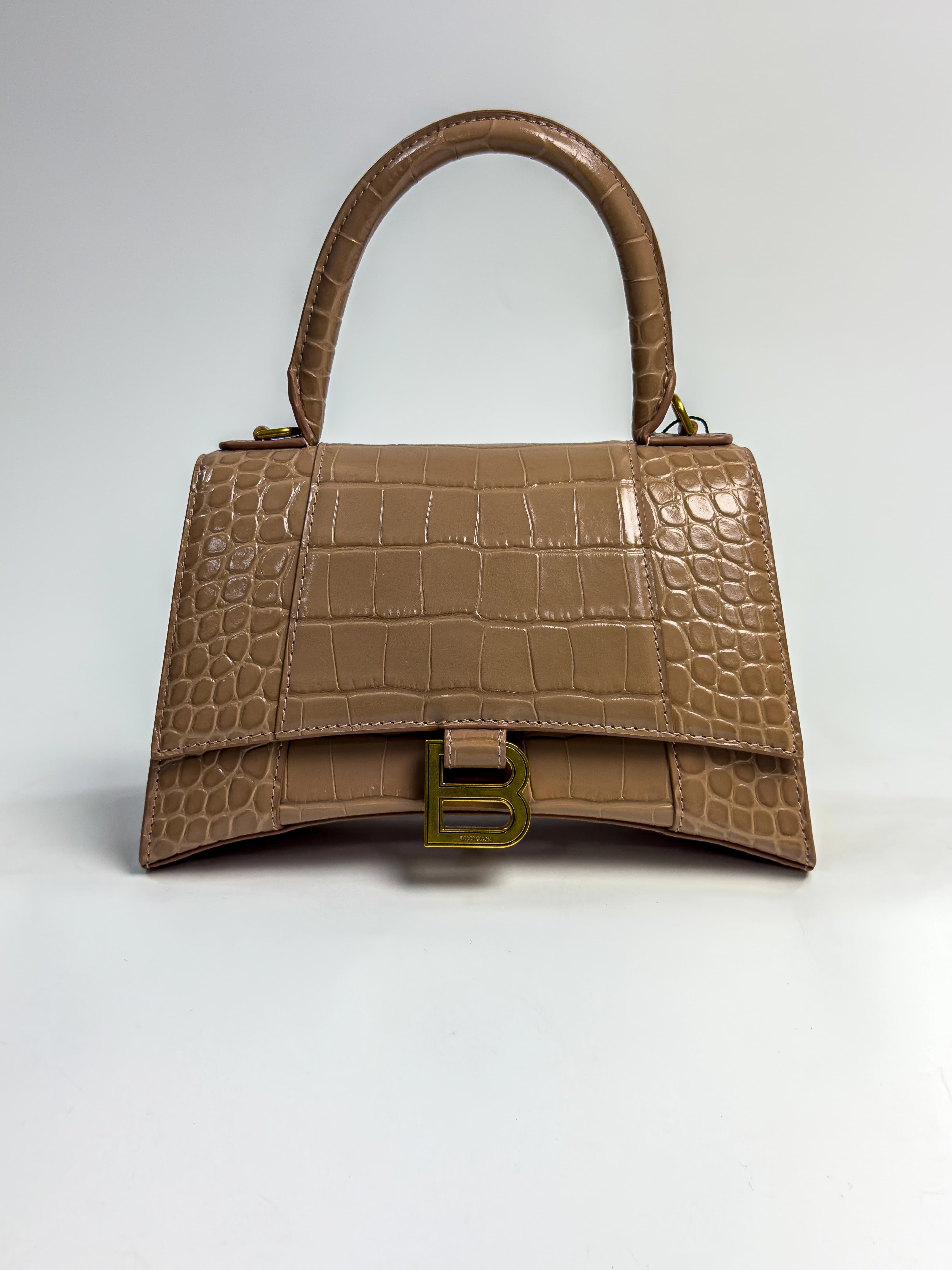 발렌시아가 아워글래스 스몰 크로커다일 엠보싱 핸드백 누드 베이지